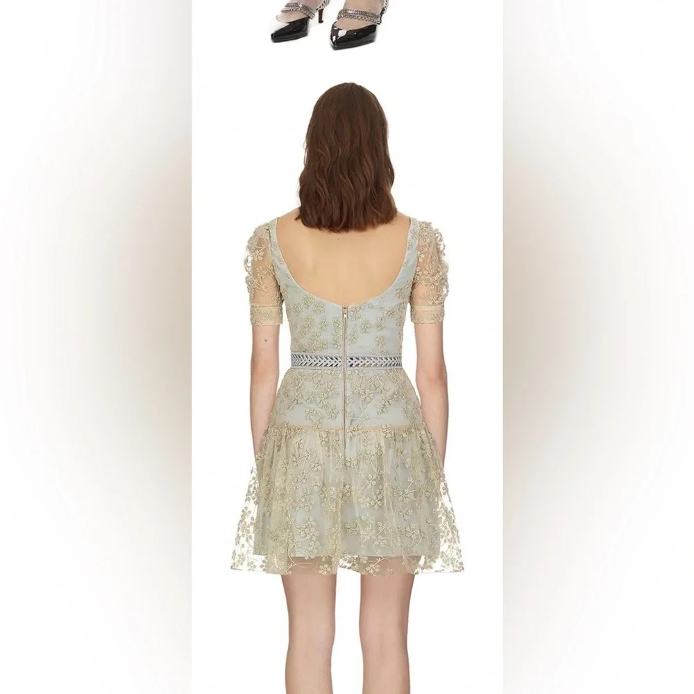 NWOT Self-Portrait Short Sleeve Chiffon Midi Dress gold Light Blue - Picture 7 of 11